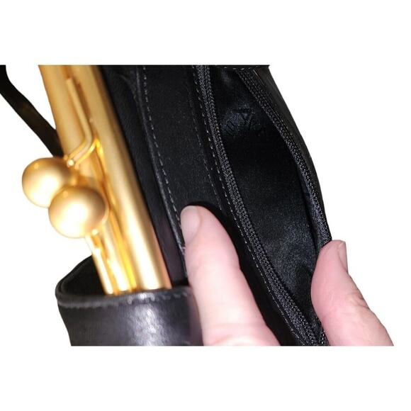 Vintage Black Leather Americana by Sharif Handbag Gold Trim Adjustable Strap - Picture 7 of 13